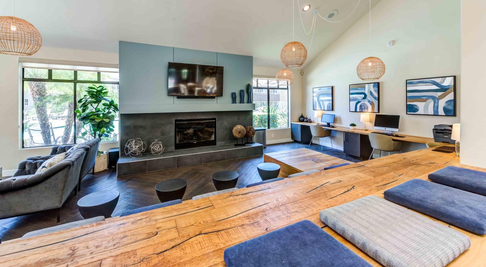 Access to resident-only features a lounge area with a fireplace